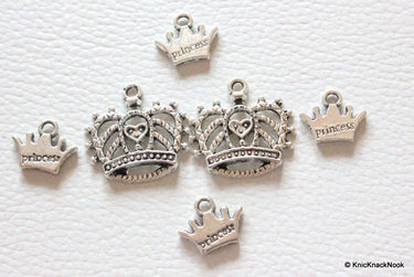 Silver Tone Crown Princess Charms Collection x 6